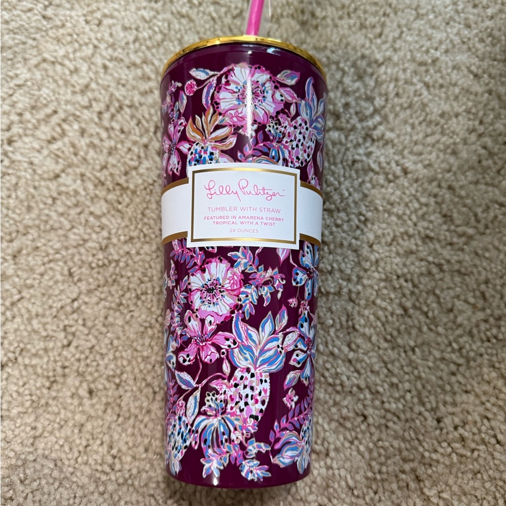 Lilly Pulitzer Tumbler with Straw - 24 oz Amarena Cherry Tropical With A Twist